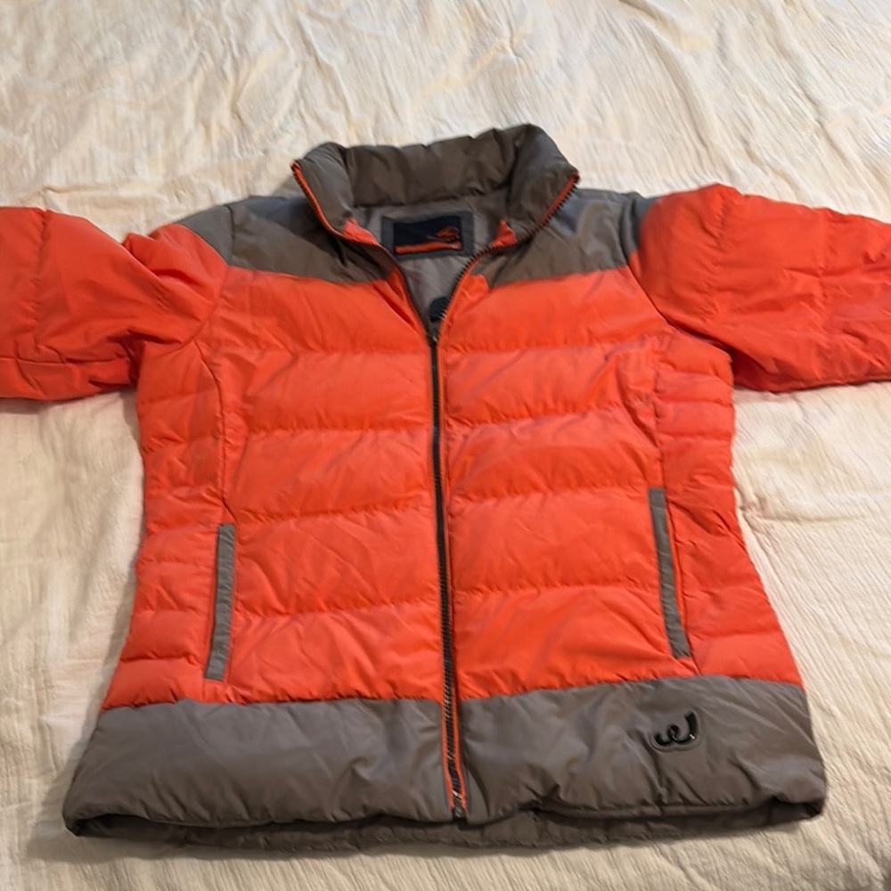 Orange and Gray Puffer Jacket with Quilted Design